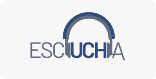 Logotipo de ESCUCHA, con auriculares sobre la sigla UCH