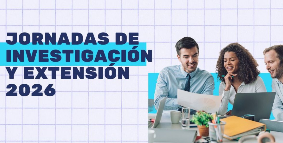 Placa de las Jornadas de Investigación y Extensión 2026 con un equipo de trabajo frente a una computadora