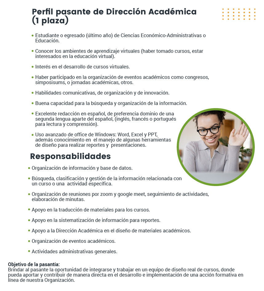 Folleto con el perfil de pasante de Dirección Académica, sus responsabilidades y objetivo.