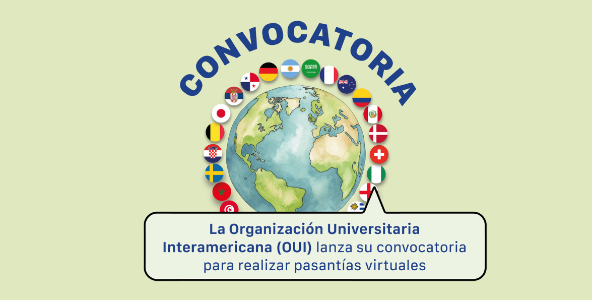 Ilustración de un globo terráqueo rodeado de banderas y la leyenda «Convocatoria» de la Organización Universitaria Interamericana.