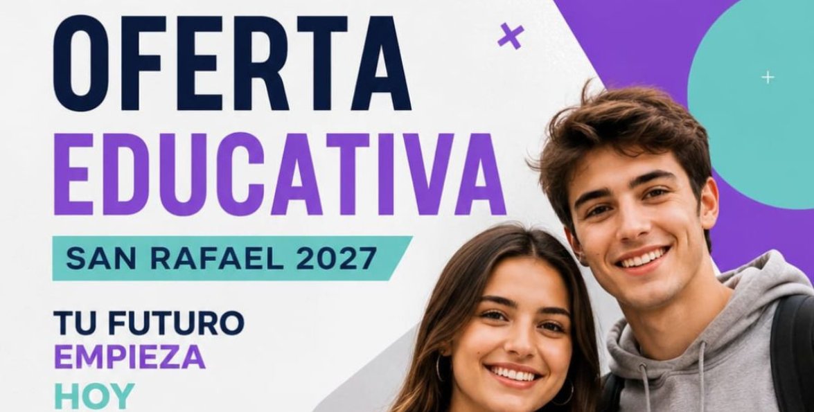 Dos jóvenes sonrientes junto al texto «Oferta educativa San Rafael. Tu futuro empieza hoy».
