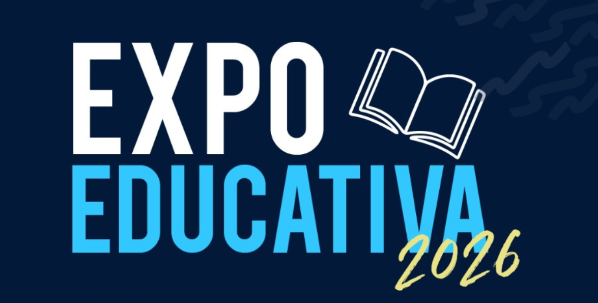 Logo «Expo Educativa 2026» en letras blancas y celestes sobre fondo azul oscuro.