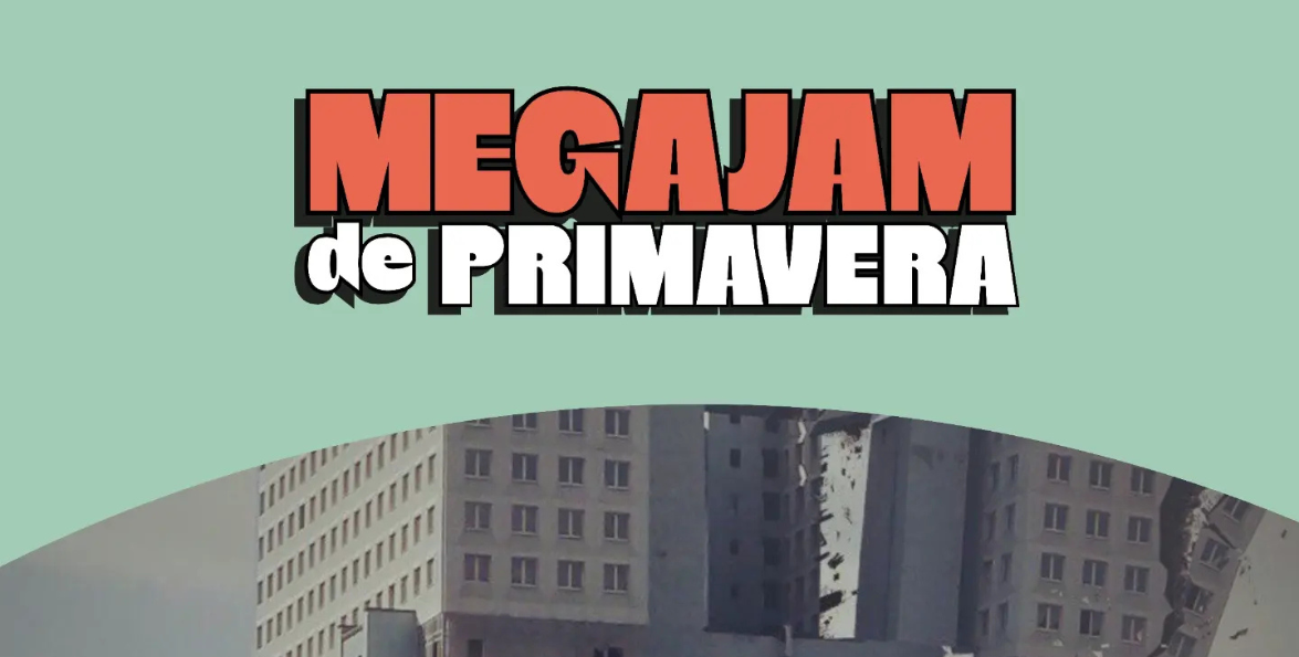 Pieza gráfica con el logo «MEGA JAM de Primavera» en letras rojas sobre fondo verde agua y edificios de fondo.