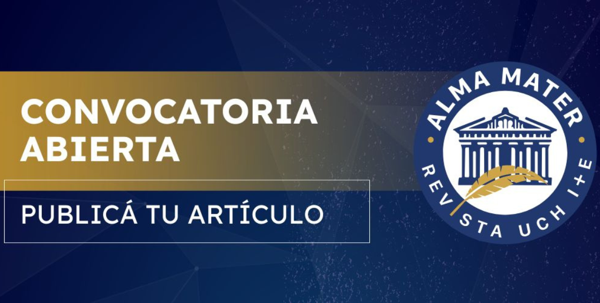 Placa azul con la leyenda «Convocatoria abierta, publicá tu artículo» y el escudo de la revista Alma Mater.