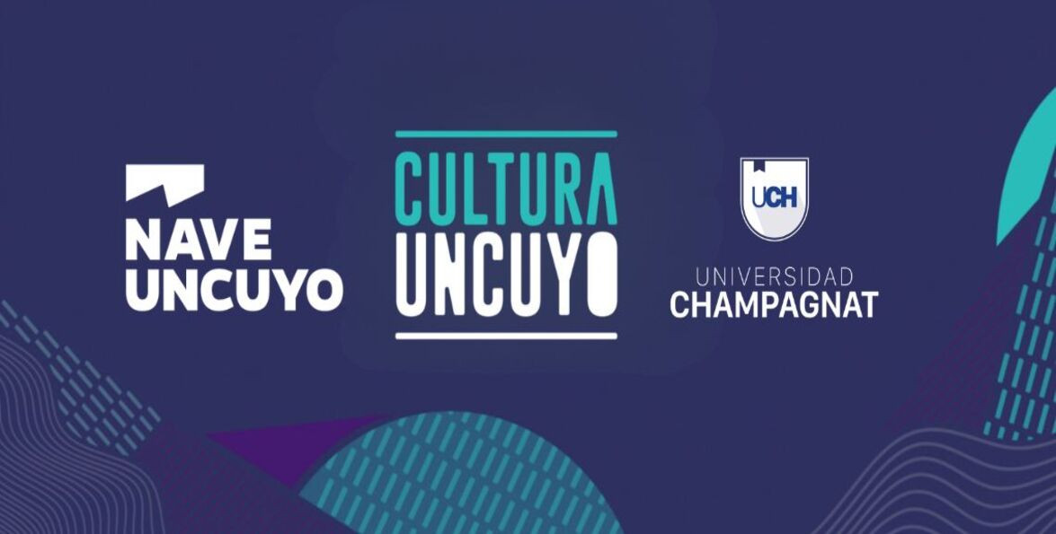 Logos de Nave UNCUYO, Cultura UNCUYO y Universidad Champagnat sobre fondo azul con formas geométricas.