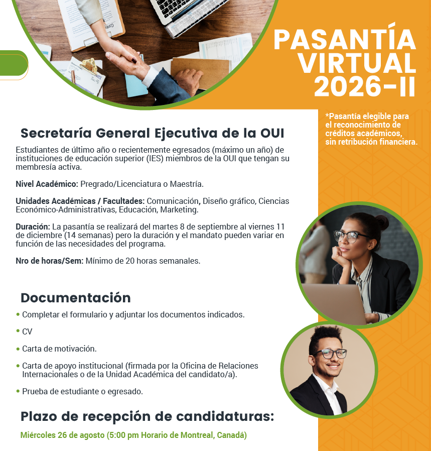 Folleto «Pasantía virtual 2026-II» de la OUI con requisitos generales, documentación y plazo de recepción de candidaturas.