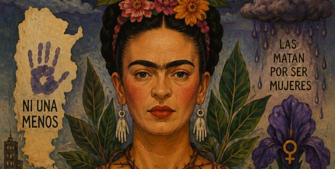 Ilustración de una mujer con flores en el cabello, una mano violeta sobre el mapa argentino y las consignas «Ni una menos» y «Las matan por ser mujeres».